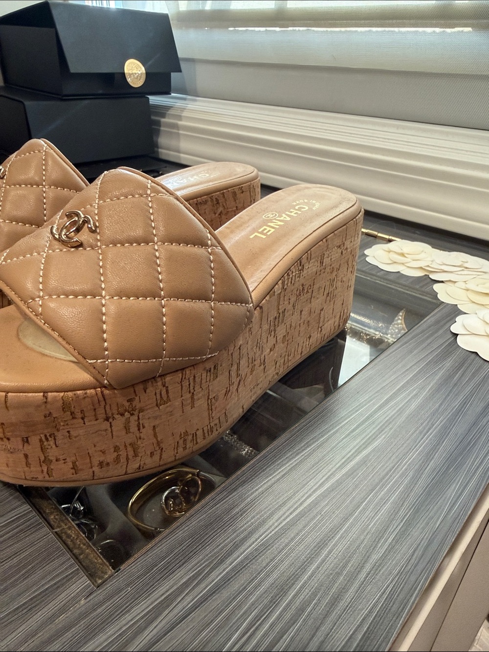 Quilted Leather Cork Platform Mules - Beige - Picture 2 of 5